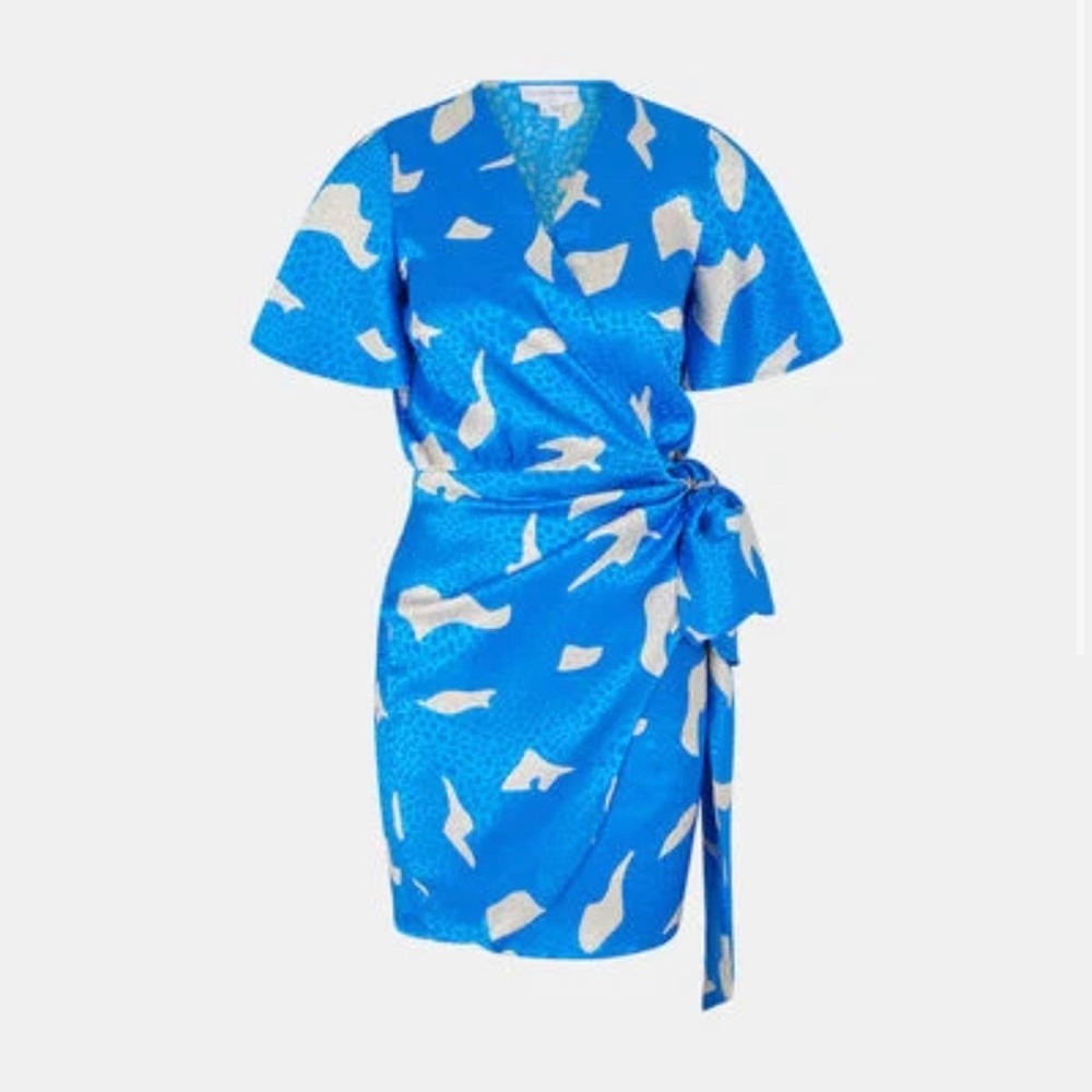 Never Fully Dressed Bright Blue Wrap Dress with Cream Abstract Print